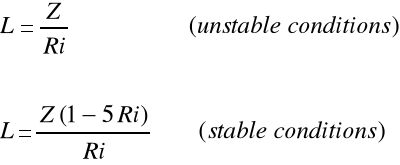 L = Z / R_i (unstable) and L = Z(1 - 5R_i) / R_i (stable)